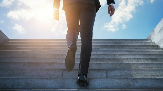 ascent. A business professional climbing stairs, symbolizing ambition and career growth in a modern setting. pitch deck slides.