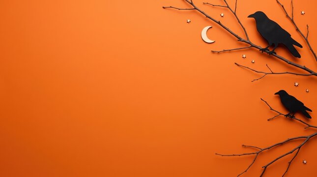 A top-down flat lay features two black crows on spooky bare branches and a crescent moon, forming a festive halloween border on a vibrant orange background with ample copy space.