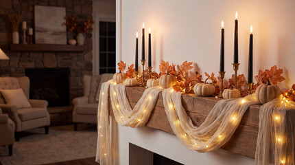Fototapeta premium Fall mantel decorating with pumpkins, candles, and autumn leaves creating a cozy atmosphere in a living room