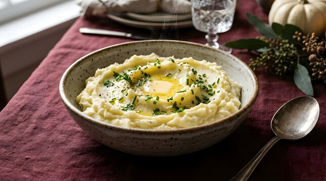 A warm and inviting thanksgiving dish creamy mashed potatoes with herbs and butter