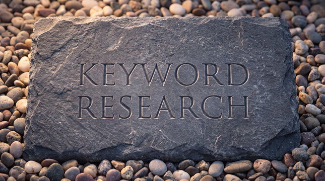 Keyword research carved into a natural stone slab, representing search engine optimization and digital marketing strategy