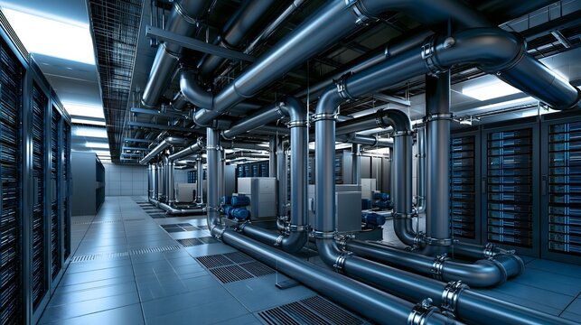 Data center cooling technology concept showing advanced liquid cooling pipes surrounding high density computing servers, detailed industrial engineering, clean organized infrastructure, cool blue