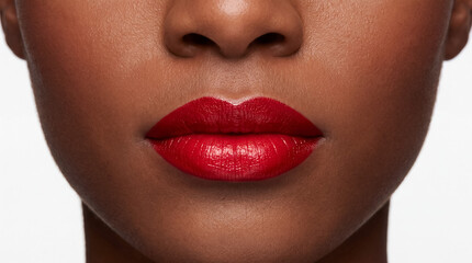 Fototapeta premium Close up of a woman's full red lips and smooth skin, presenting beauty, cosmetics, and makeup