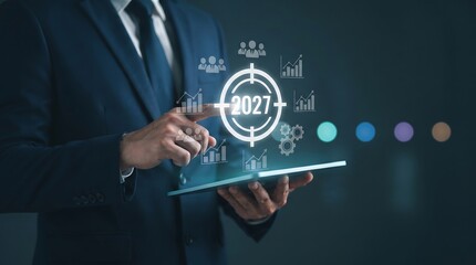 Obraz premium A business professional is examining a digital screen showing concepts of future technology and detailed data analysis