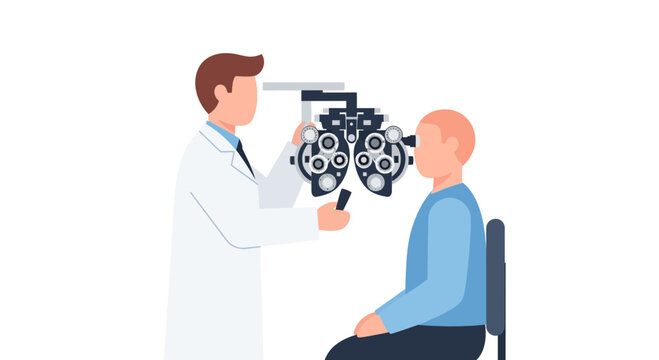Optometrist Eye Exam with Phoropter Instrument - Doctor and Patient