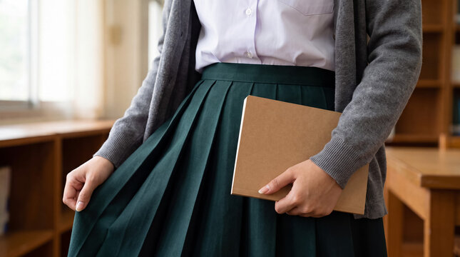Student in school uniform and cardigan holding book, preparing to study in a traditional library setting