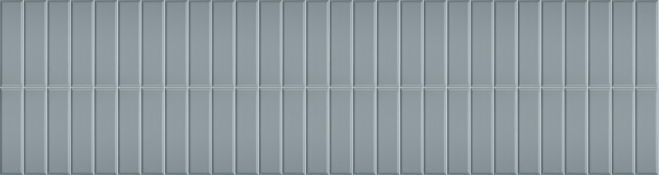 Panoramic view of grey blue vertical finger tiles with fine line bevel edges in grid layout