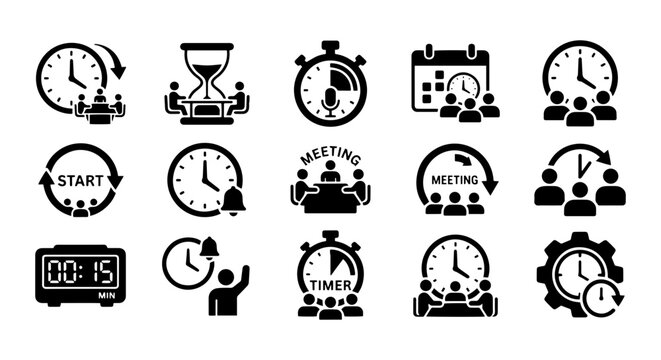 Time Management Icons Set, Business Meeting & Schedule Vector Graphics, Clock & Timer Symbols