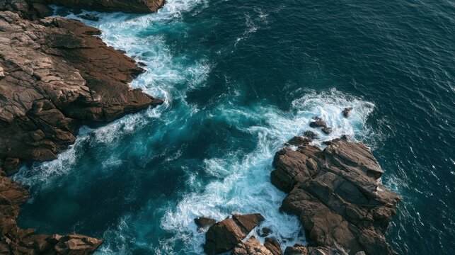 Sea water churns between rugged dark coastal rocks creating white sea spray from above.