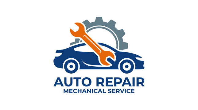 Professional auto repair logo template featuring a blue car silhouette with an orange wrench and gear