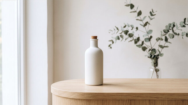 White Bottle with Cork Stopper on Wooden Table.