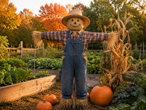 Handmade scarecrow decorating an autumn vegetable garden