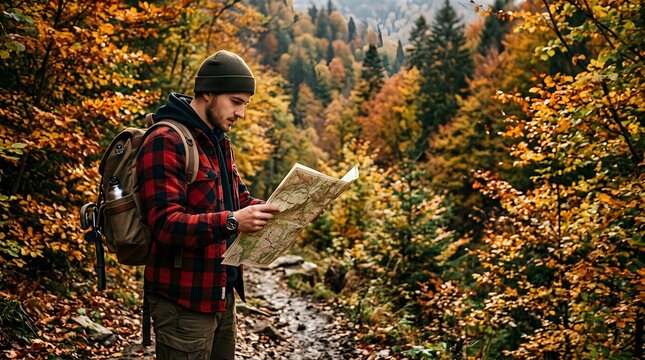 Young Hiker Looking at Map in Autumn Forest During Wilderness Trip