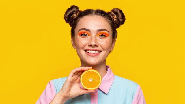 Close up portrait of a girl holding orange slice over her eye with subtle blinking and natural facial expressions