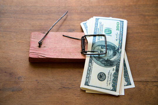 Hundred dollar bills caught in wooden mousetrap