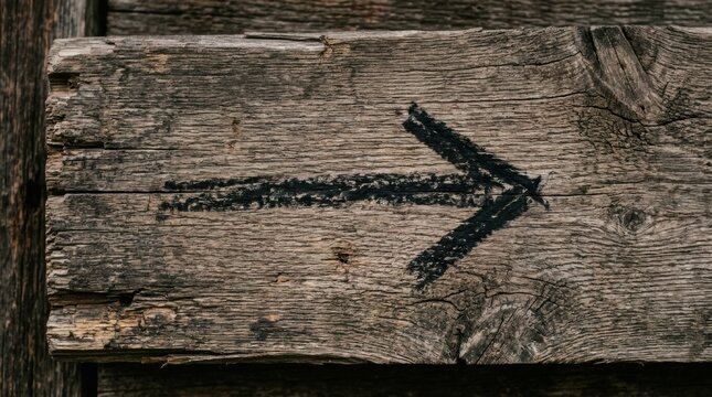 Black painted arrow symbol on rustic weathered wooden plank surface
