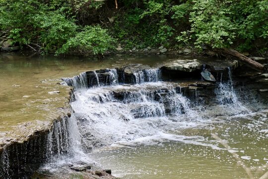 The flowing waterfall in the woods.
