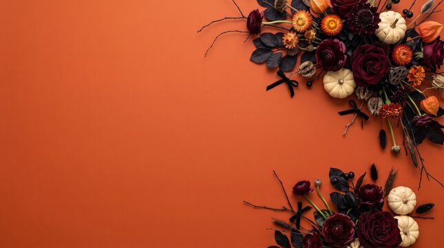 A festive flat lay composition showcases elegant halloween floral arrangements featuring dark red flowers and small white pumpkins, creating a decorative border on a orange background with copy space
