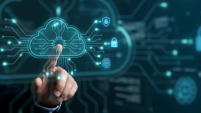 Professional hand pointing to glowing teal holographic cloud icon representing data privacy and corporate governance standards in dark studio, close up