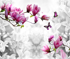 elegant purple magnolia floral design with butterflies soft botanical wallpaper background  © Akshay