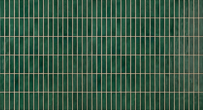 Seamless glossy emerald green vertical mosaic finger tiles wall surface with light beige grout lines