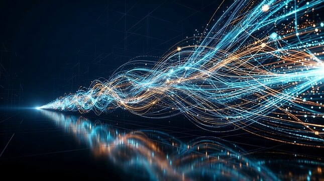 Abstract blue and orange flowing energy lines data stream visualization for technology concepts with light reflections on dark surface.