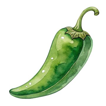 Detailed watercolor illustration of a fresh ripe green chili pepper isolated