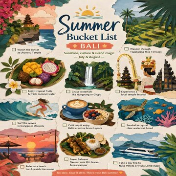 Bali Summer Bucket List &ndash; Handcrafted Paper-Cut Travel Illustration Featuring Tropical Adventures and Cultural Experiences