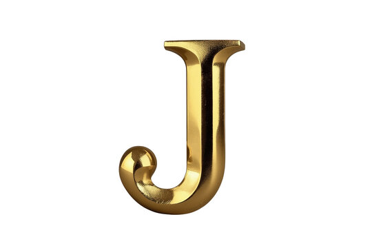 Glossy metallic golden letter J with thick rounded lower hook