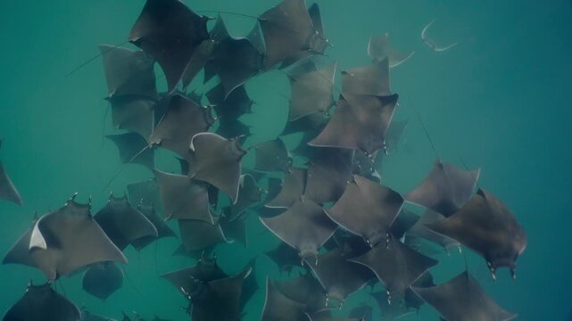 Underwater view of a spectacular Mobula ray aggregation in Mexico, with hundreds of devil rays forming a mesmerizing courtship vortex, swirling together in a giant living ball beneath ocean waters.