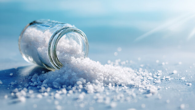 Salt spilling from a glass jar, white crystals spread on a blue surface, showing essential kitchen seasoning ingredient