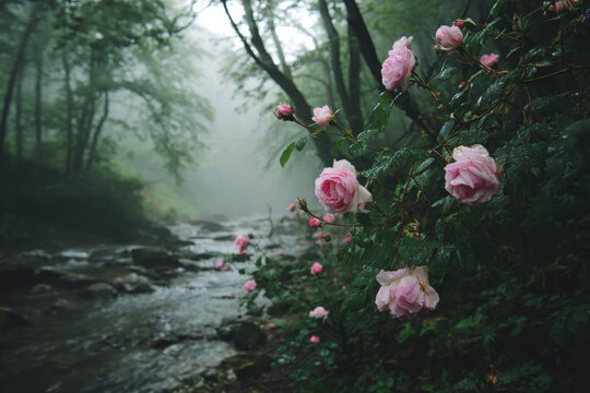 Pink roses blooming by woodland river in remote foggy forest, creating an enchanted and serene natural landscape