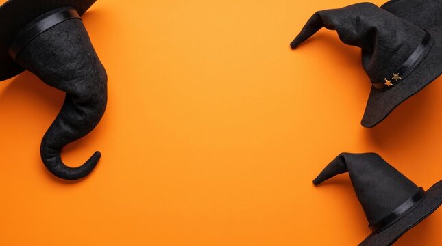 A vibrant top-down flat lay shot features three black witch hats artfully arranged to create a spooky border and frame around ample copy space on an orange halloween background.
