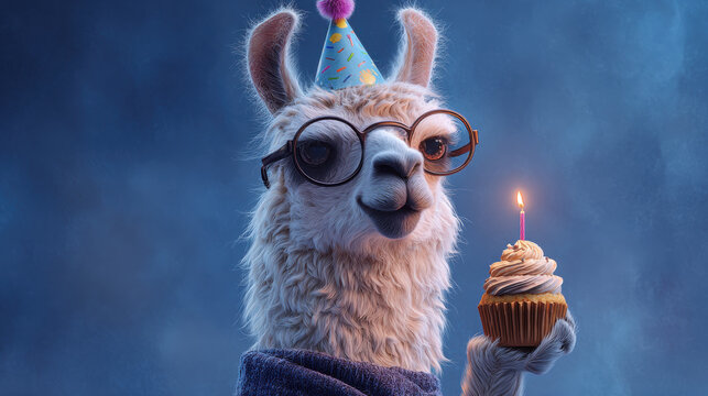 Llama wearing glasses holding a birthday cupcake with a lit candle, celebrating a happy event against a blue background