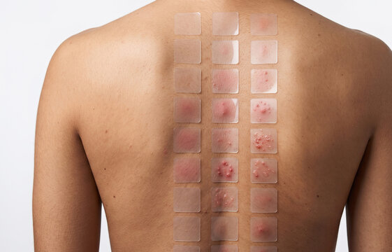 Man Back Covered with Multiple Clear Hydrocolloid Acne Pimple Patches for Spot Treatment