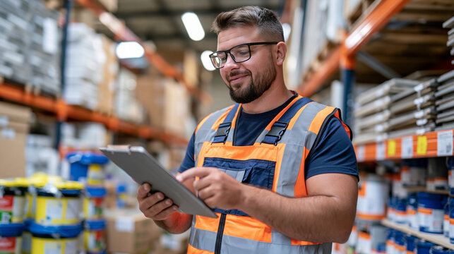 Warehouse worker checking the condition of packaged finishing materials, surrounded by boxes of wall tiles, flooring, paint containers and decorative panels, natural candid commercial inspection sce