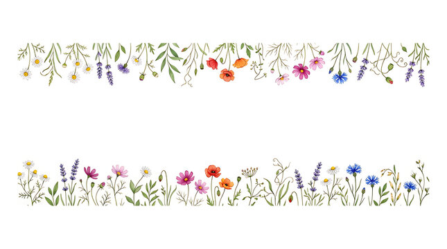 Colorful wild flowers arranged in two decorative horizontal borders on a simple natural background isolated on transparent background