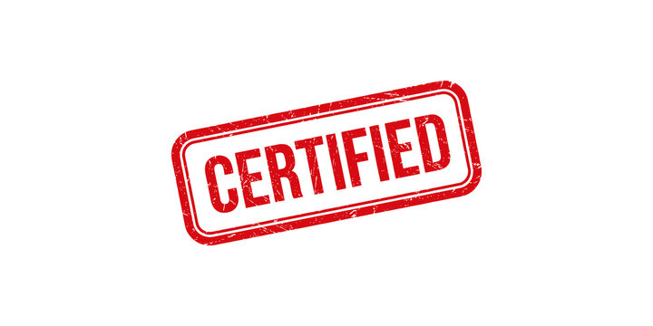 Certified stamp red rectangle with grunge texture and text on transparent background for approval.