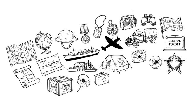 World War II Memorial and Historical Doodle Line Art Vector Icon Set