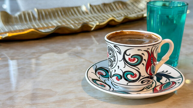 Traditional Turkish coffee in a colorful ceramic cup with a glass of water on a marble table, cozy coffee break and cultural beverage concept.