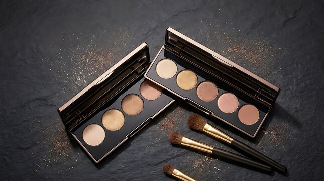 Professional makeup palettes with various face powder shades and cosmetic brushes on dark textured table. easy eyeshadow looks
