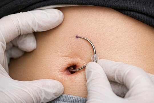 A person with white gloves gently puts a nose ring on a woman's stomach, preparing for a body modification