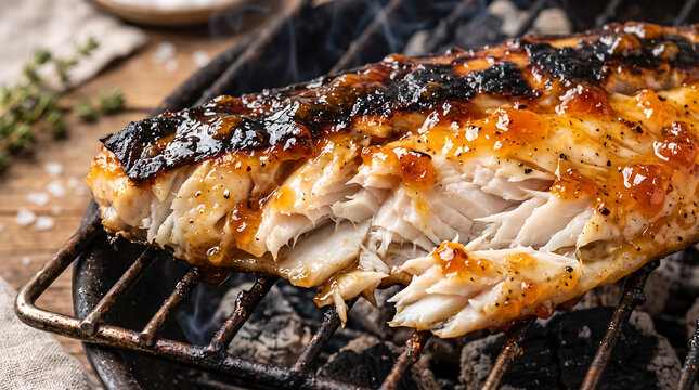 Grilled South African Snoek Fish Fillet with Sweet Apricot Jam Glaze Close-Up
