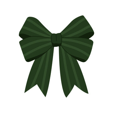 Green striped ribbon bow festive gift wrap decor vector isolated on white