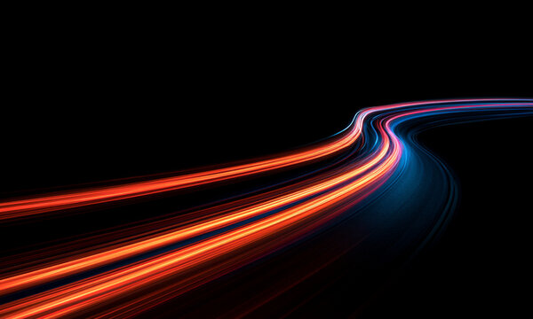 Futuristic glowing lines twist across a dark surface, creating the impression of a fast digital highway. Rich orange and blue illumination adds depth, motion, energy and visual impact.