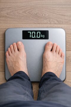 A person standing on a scale with their feet on the platform, for weight measurement or health check