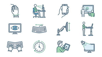 Fototapeta premium Elegant Line Illustrated Guide to Ergonomic Workstation and Digital Device Usage Best Practices in Minimalist Blue Green Tone