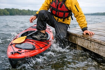 Obraz premium A person paddling on a bright red kayak, wearing a yellow jacket and enjoying the outdoors