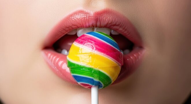 Closeup of Womans Lips Sucking on a Colorful Swirl Lollipop.