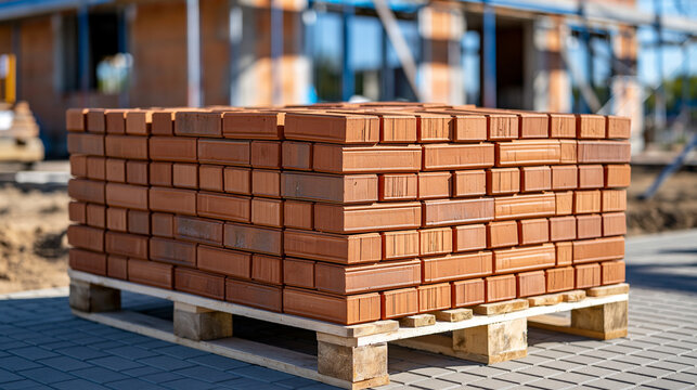 Large pallet of modern smooth-faced facade bricks stored outdoors beside a private house under construction, various warm earth tones and precise masonry shapes, unfinished walls and scaffolding vis